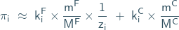 \begin{equation*}\mathsf{\pi_i~\approx~k_i^F \times \frac {m^F} {M^F} \times \frac {1} {z_i}~+~k_i^C \times \frac {m^C} {M^C}} \end{equation*}