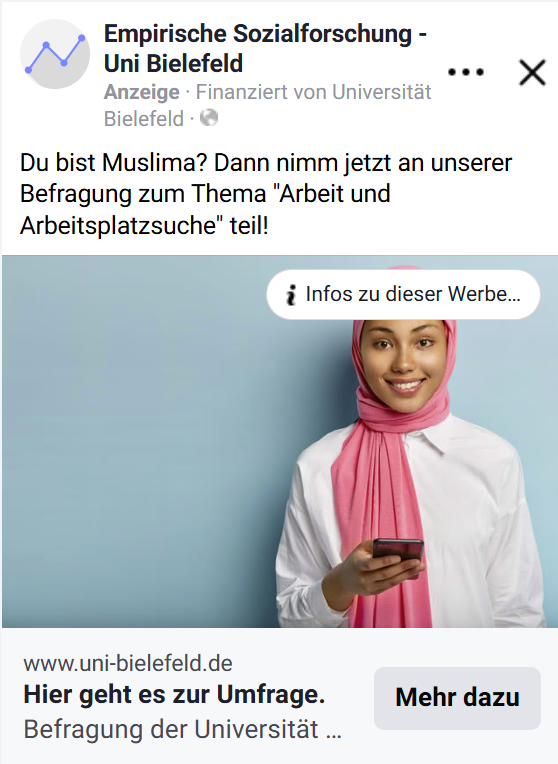 A smiling young woman wearing a pink hijab and a white blouse stands against a light blue background. She holds a smartphone in both hands and looks directly at the camera. The image is used in an online advertisement encouraging Muslim women to participate in a survey about employment and job-seeking experiences.