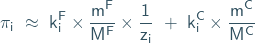 Rendered by QuickLaTeX.com \begin{equation*}\mathsf{\pi_i~\approx~k_i^F \times \frac {m^F} {M^F} \times \frac {1} {z_i}~+~k_i^C \times \frac {m^C} {M^C}} \end{equation*}