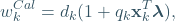 \begin{equation*} w_k^{Cal}=d_k(1+q_k \mathbf{x}_k^T\boldsymbol{\lambda}), \end{equation*}