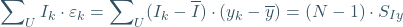 \begin{equation*} \sum\nolimits_{U} I_{k}\cdot \varepsilon_{k}=\sum\nolimits_{U} (I_{k}-\overline{I})\cdot (y_{k}-\overline{y})=(N-1)\cdot S_{Iy} \end{equation*}
